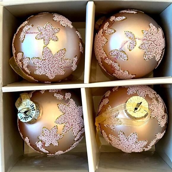 Laura Ashley Pink Beaded Glass Christmas Ornaments 3in Set of 4 Holiday Glam NEW - Picture 14 of 15